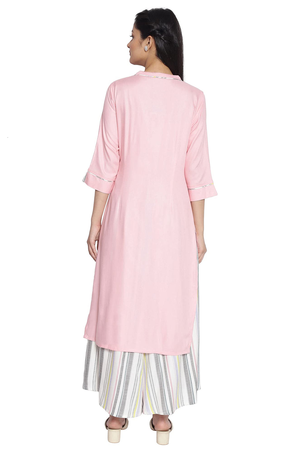 Aurelia Women'S Viscose Baby Pink Geometric Band Collar Straight Kurta