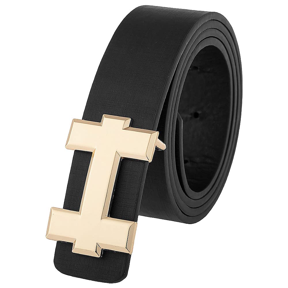 Syga IShaped Buckle Belt Denim MenS And WomenS Casual Leather Belt Stylist Belts Gold Buckle Belts (Black) 32-42