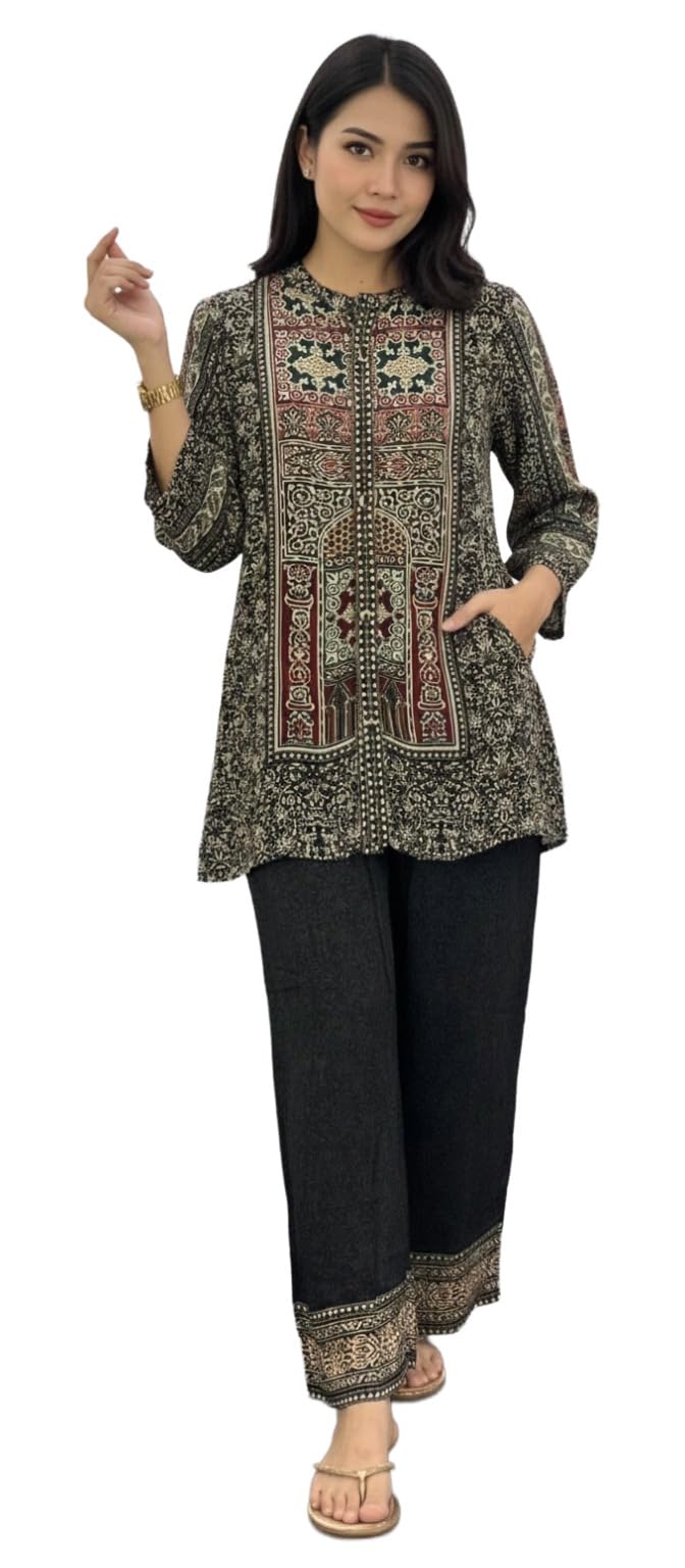 Anni Designer WomenS Viscose Blend Short Kurti Printed Kurta With Palazzo (Chellam Black_Xxl_Black_Xx-Large)