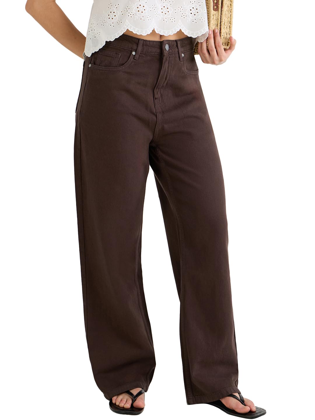 Bewakoof Womens Solid Wide Leg Cotton Baggy Jeans_625168_Brown_34