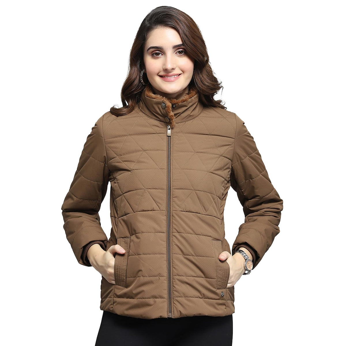 Monte Carlo Womens Self Design Brown Mock Neck Full Sleeve Jacket 2