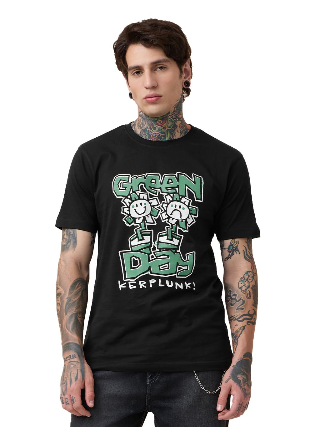 The Souled Store Green Day: Kerplunk Men and Boys Short Sleeves Round Neck Black Graphic Printed Regular Fit Cotton T-Shirts