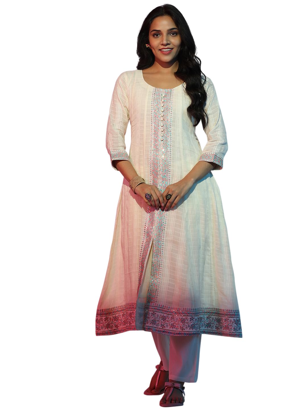 Libas Womens Woven Design Cotton A-Line Kurta With Trousers