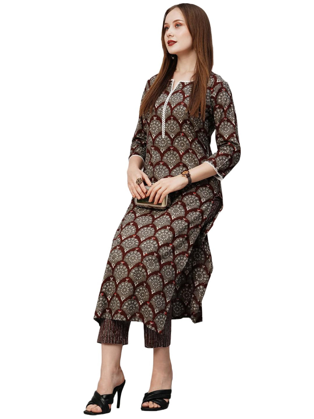ANNI DESIGNER Womens Cotton Blend Printed Straight Kurta with Pant (Urmi Maroon_S_Maroon_Small)