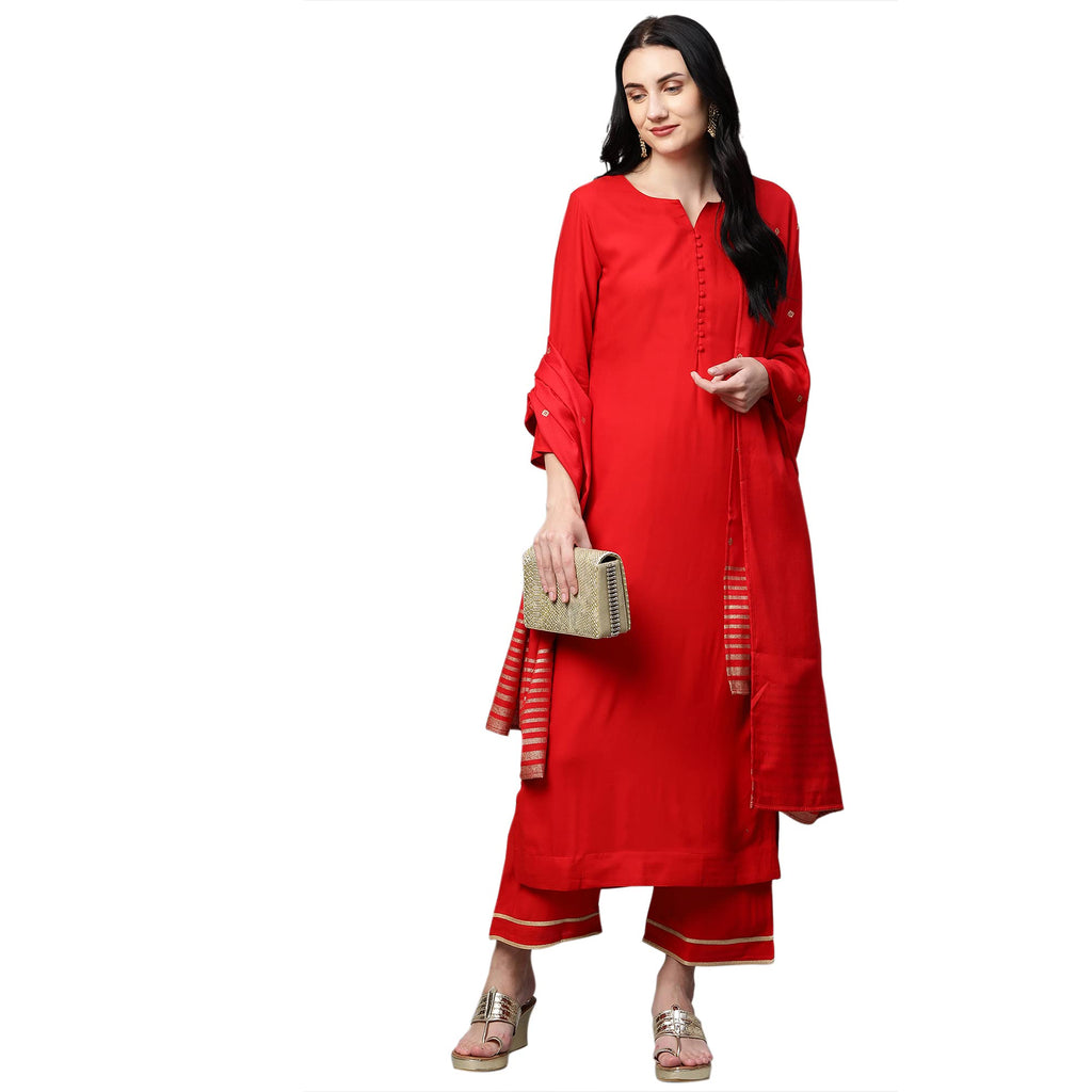 Gosriki Women'S Ruby Cotton Straight Kurta With Palazzo & Dupatta (Game Red_Xxl_Red_Xx-Large)