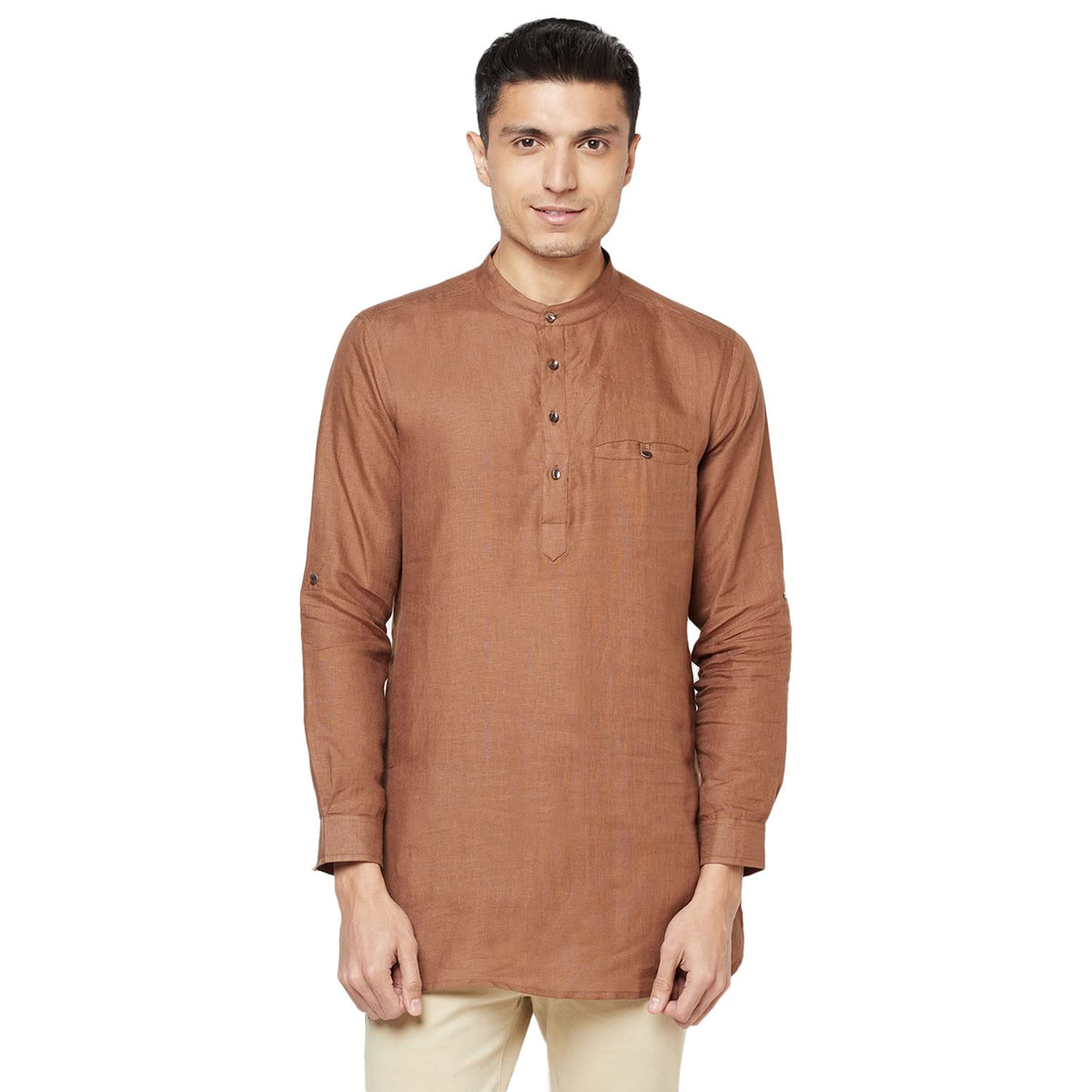 Fabindia Men Slim Fit Short Kurta With Cuff Linen_Xs