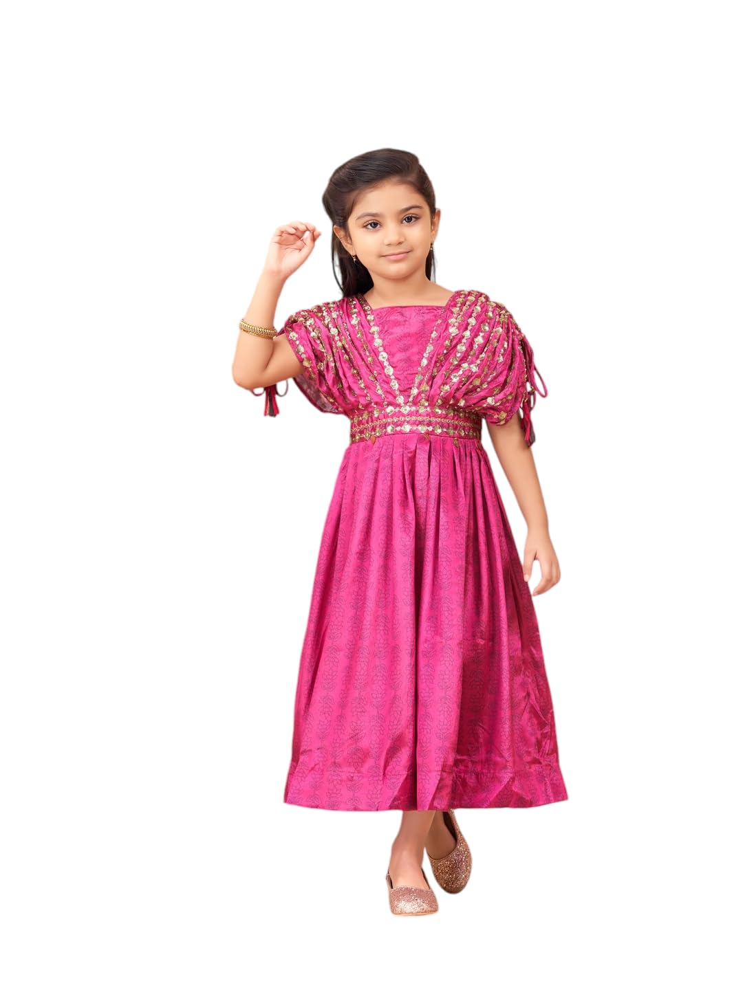 Aarika Girls Rani Colour Sequin Embroidery Silk Dress (1-7 Years)