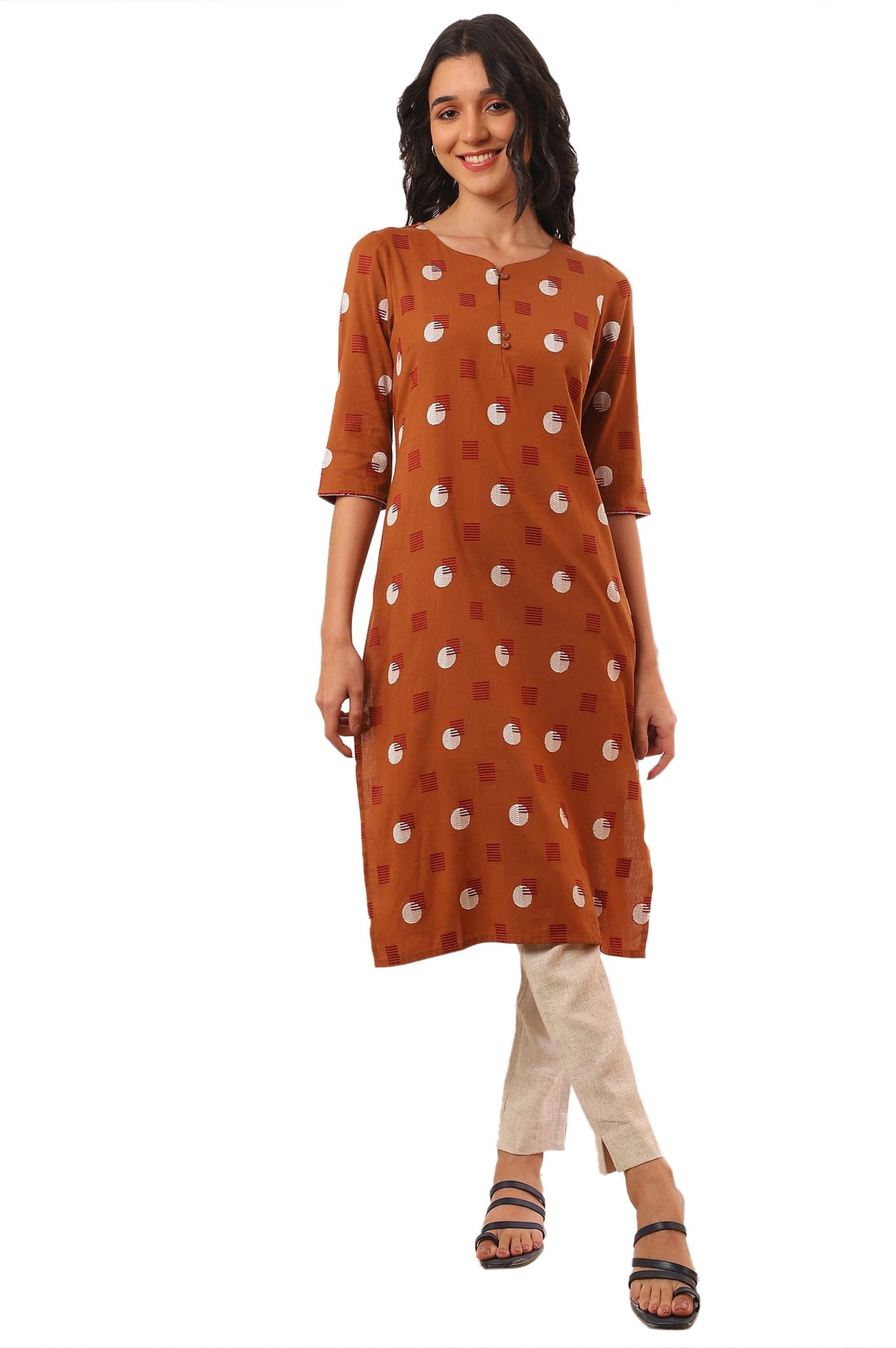 Aurelia WomenS Orange Yarn Dyed Cotton Blend Straight Kurta (Size: 2Xl)-A15641-705498