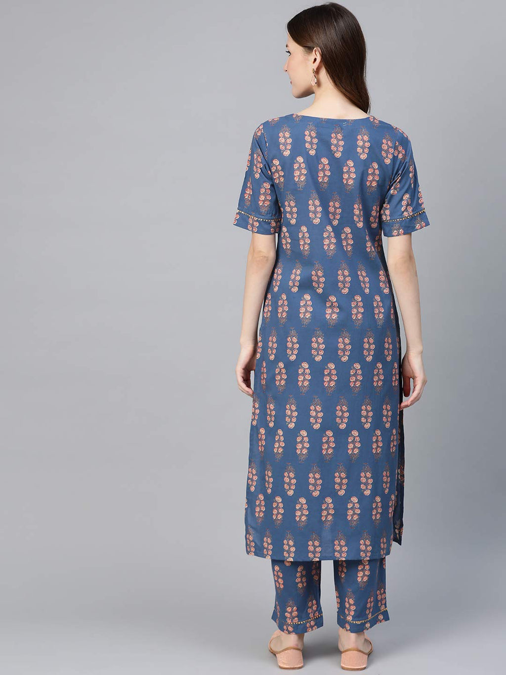 Idalia Women'S Blue And Red Printed Straight Cotton Kurta Set With Palazzo Pant