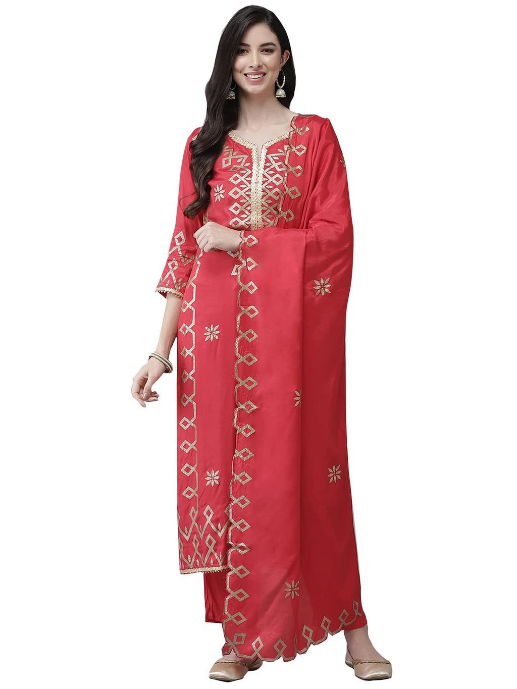 Ishin Women'S Silk Blend Red Embroidered Straight Kurta Set With Trouser And Dupatta