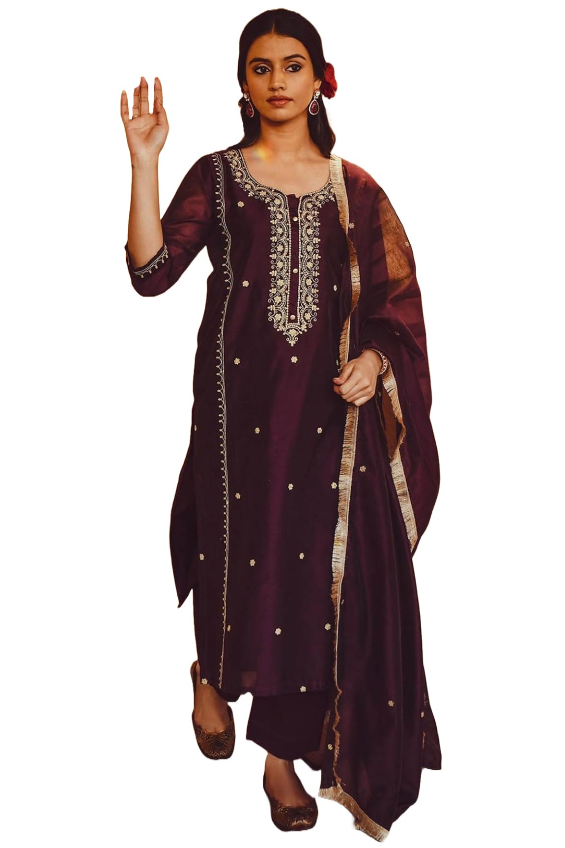 ANNI DESIGNER Womens Cotton Blend Embroidered Straight Kurta with Pant & Dupatta (Ultra101 Wine_L_Wine_Large)