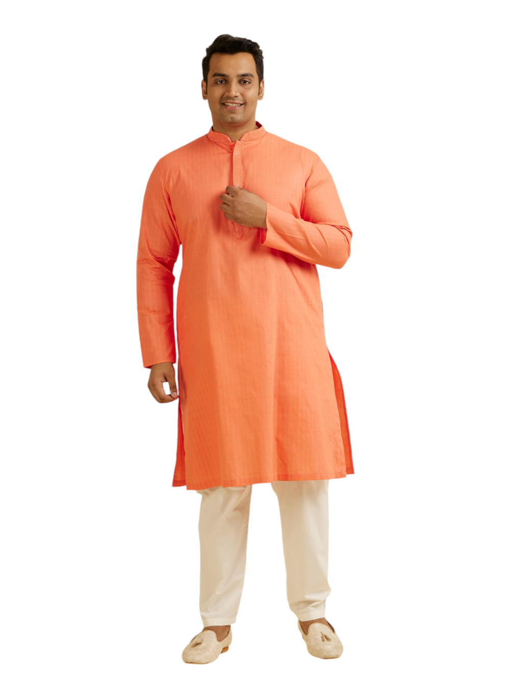 Manyavar Mens Cotton Self-Design Kurta Pyjama Set (Peach,03XL)