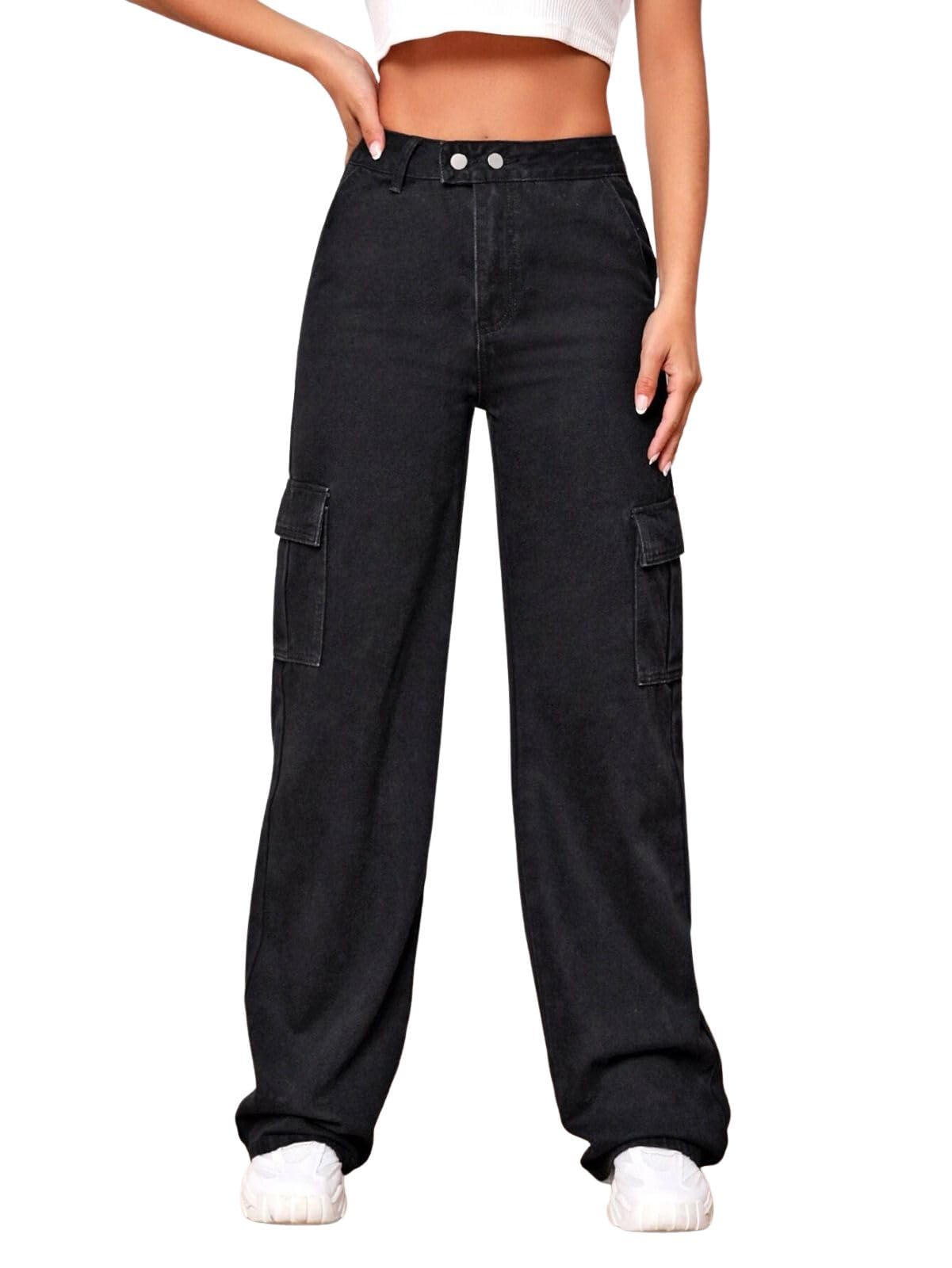 GRECIILOOKS Women Denim Cargo Regular Fit Jeans (Black, 32)