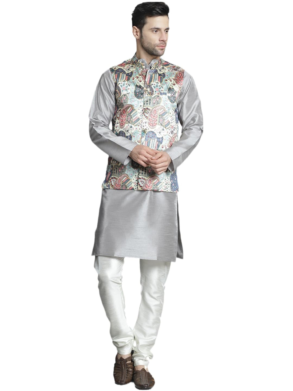 Jompers Mens Digital Print And Zari Work Nehru Jacket With Kurta Pyjama Set