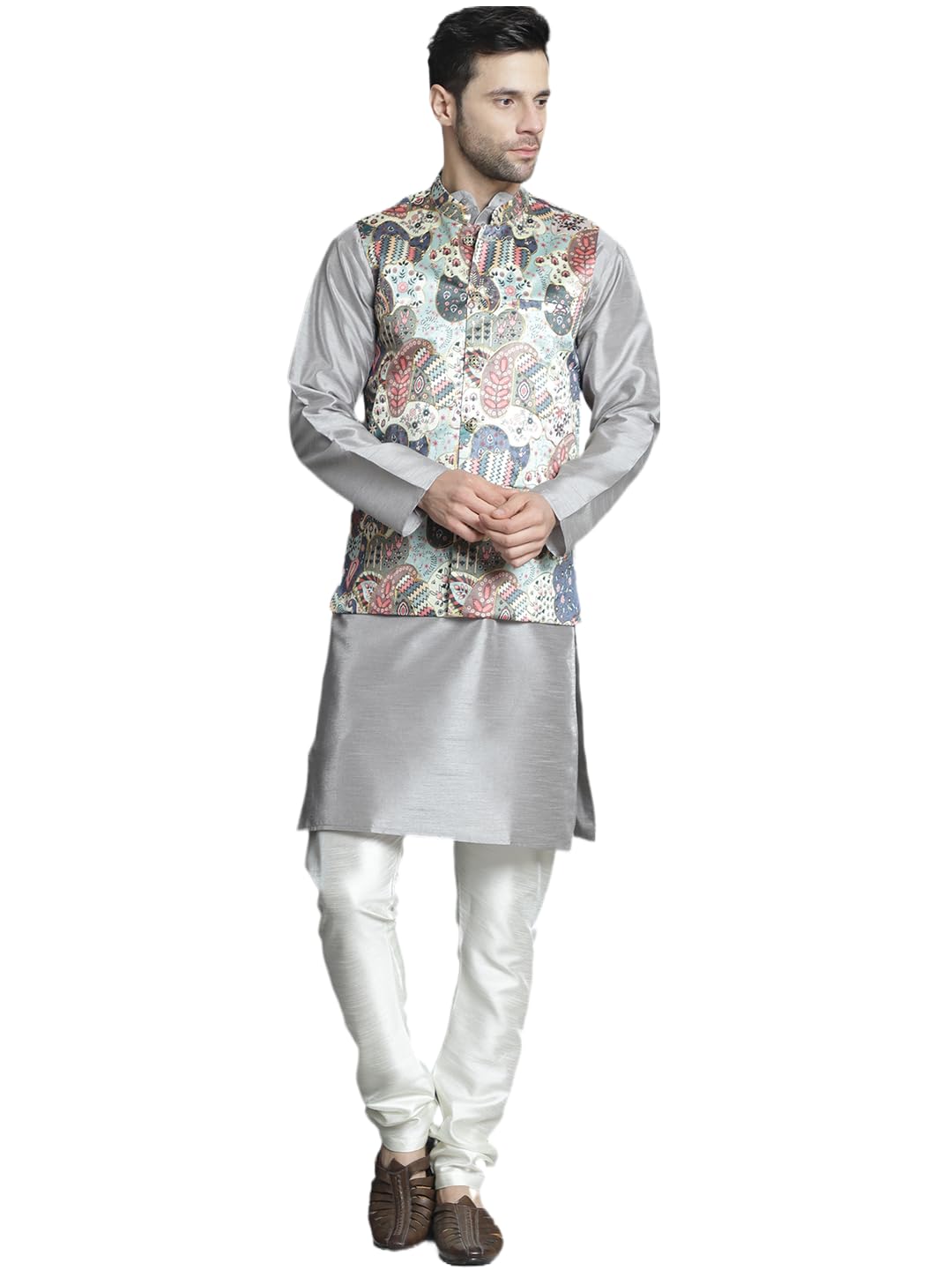 Jompers Mens Digital Print And Zari Work Nehru Jacket With Kurta Pyjama Set