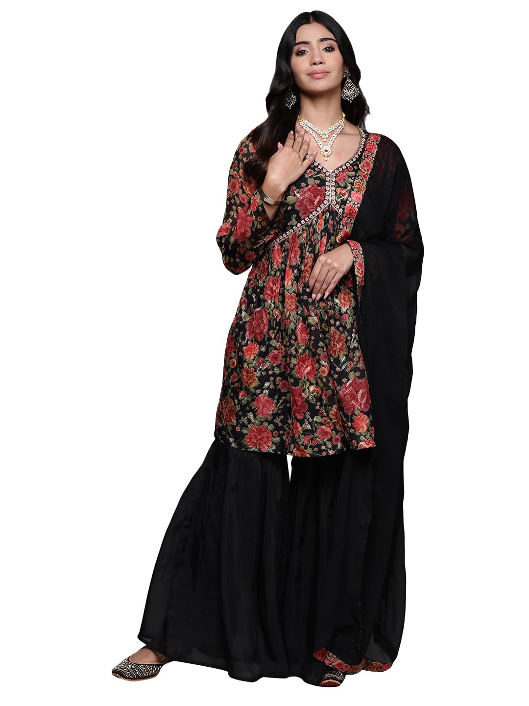 Libas Black Embroidered Organza A-Line Kurta With Sharara & Dupatta