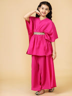 A.T.U.N. (ALL THINGS UBER NICE) Girls Solid Polysilk Fuchsia Kaftan with Flared Pant Set
