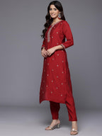 Varanga Women Red Round Neck Placement Embroidered Kurta Paired With Tonal Bottom & Printed Dupatta-Karva Chauth Special