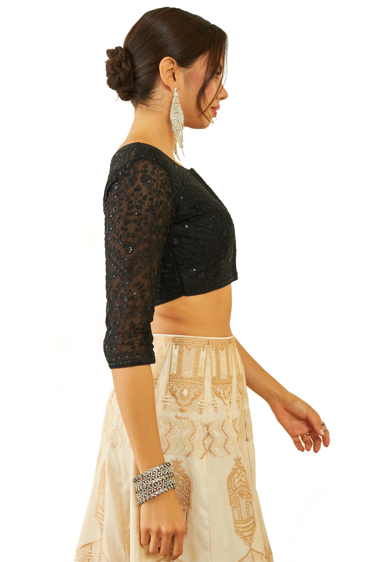 Soch Womens Black Net Floral Embroidered Sequin Embellished Front-Open Blouse