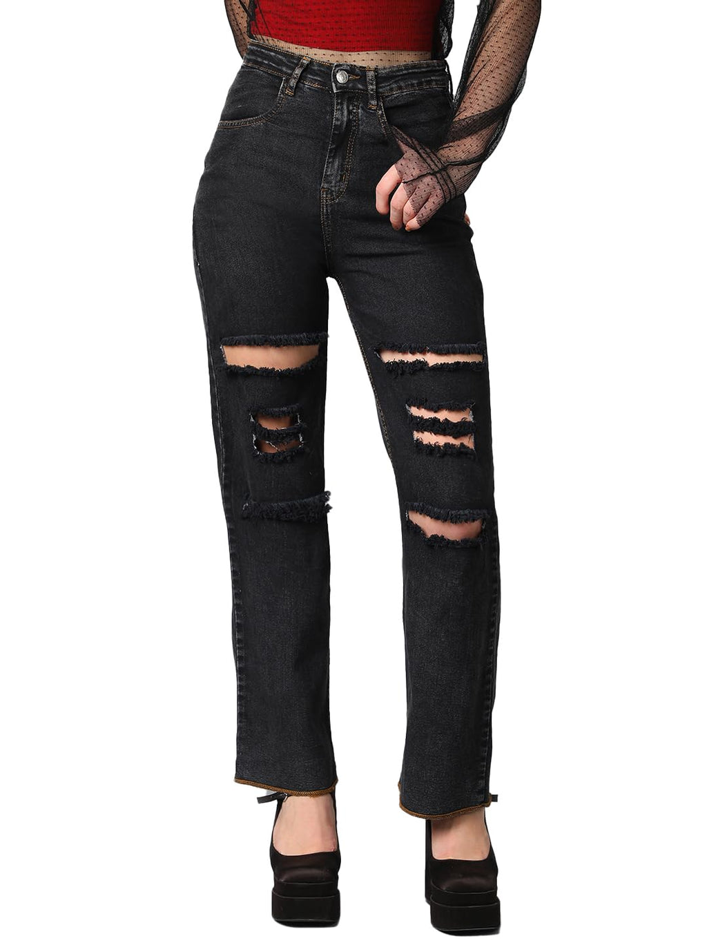 Kotty Women High Rise Cotton Lycra Distressed Jeans
