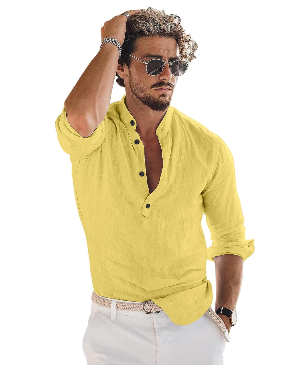 Bellstone Mens Solid Regular Fit Shirt (KURTA1600_Yellow_S)