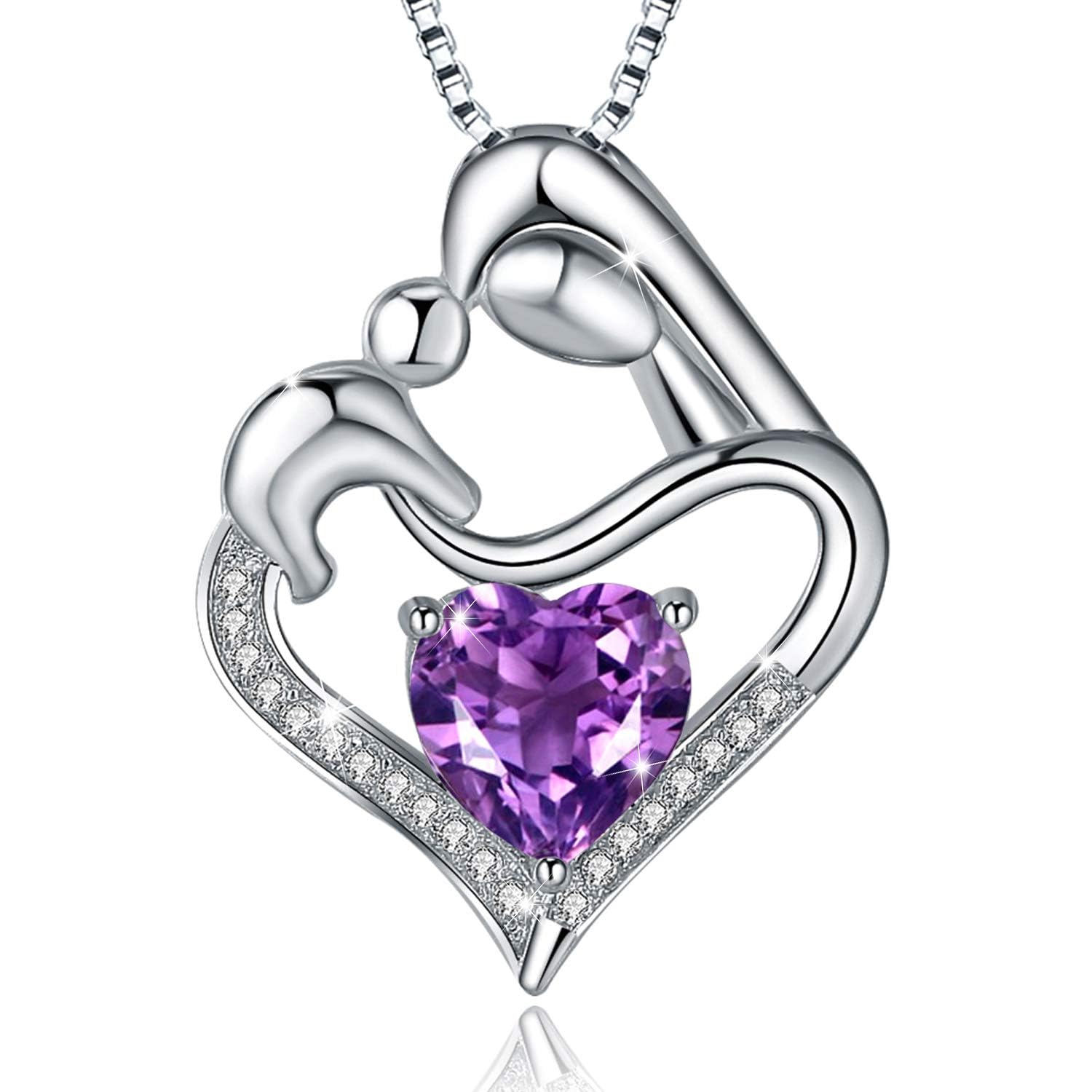 ABBGIABBW 925 Sterling Silver Purple Birthstone Mother Daughter Love Heart Pendant Necklace Mother Daughter Jewelry Christmas fo