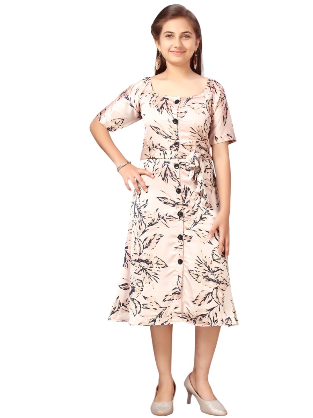 Aarika Girls Pure Silk Fit and Flare Below The Knee Dress (MD-A-22527_Pink_34)