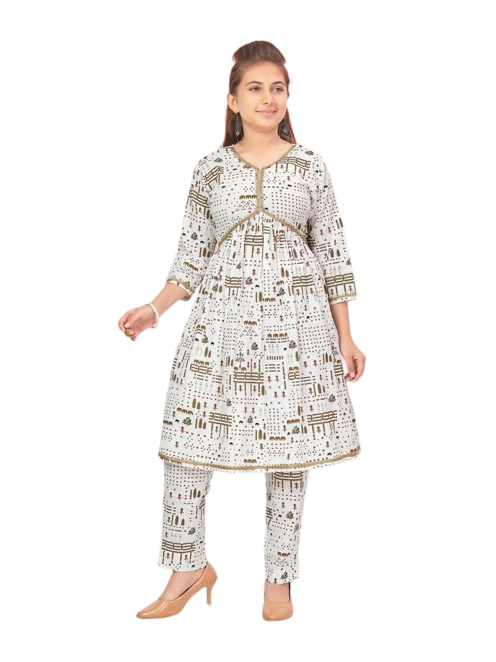 Aarika Girls Cream-Red Color Cotton Kurti Pant Set (Kp-K-724-Cream-Red-32)