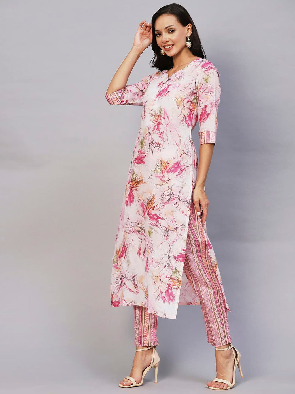 ANNI DESIGNER Womens Cotton Blend Printed Straight Kurta with Pant (PS-Pink_S_Pink_Small)