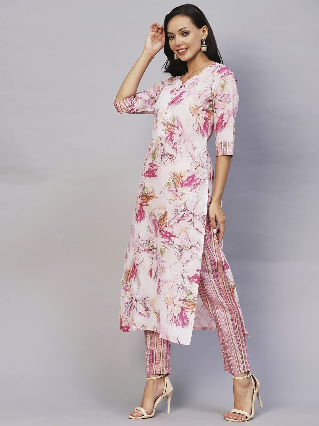 ANNI DESIGNER Womens Cotton Blend Printed Straight Kurta with Pant (PS-Pink_S_Pink_Small)