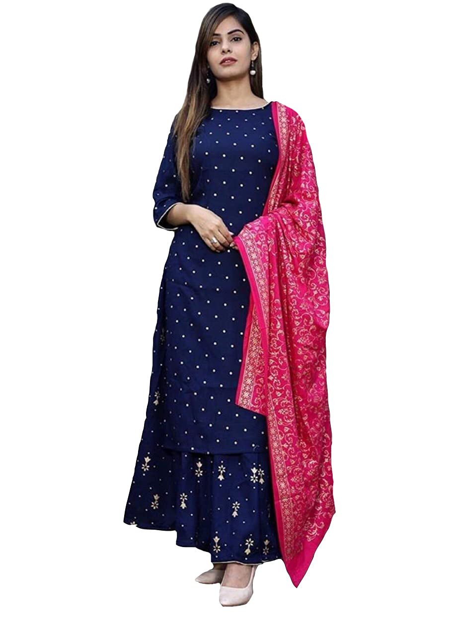 ANNI DESIGNER Womens Ruby Cotton Foil Printed Straight Kurta with Palazzo & Dupatta (Kashmiri-Blue_XXL_Dark Blue_XX-Large)