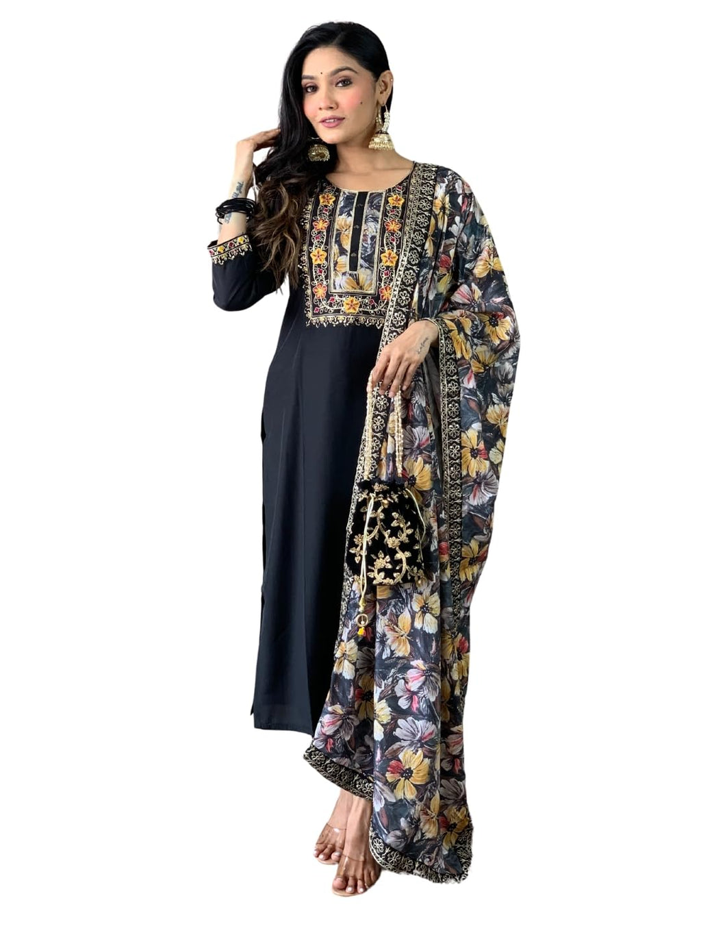 Naixa Womens Black Chanderi Viscose Embroidered Straight Kurta with Pant and Crep Silk Printed Dupatta Sets (NX-S-Hazel-Black-X