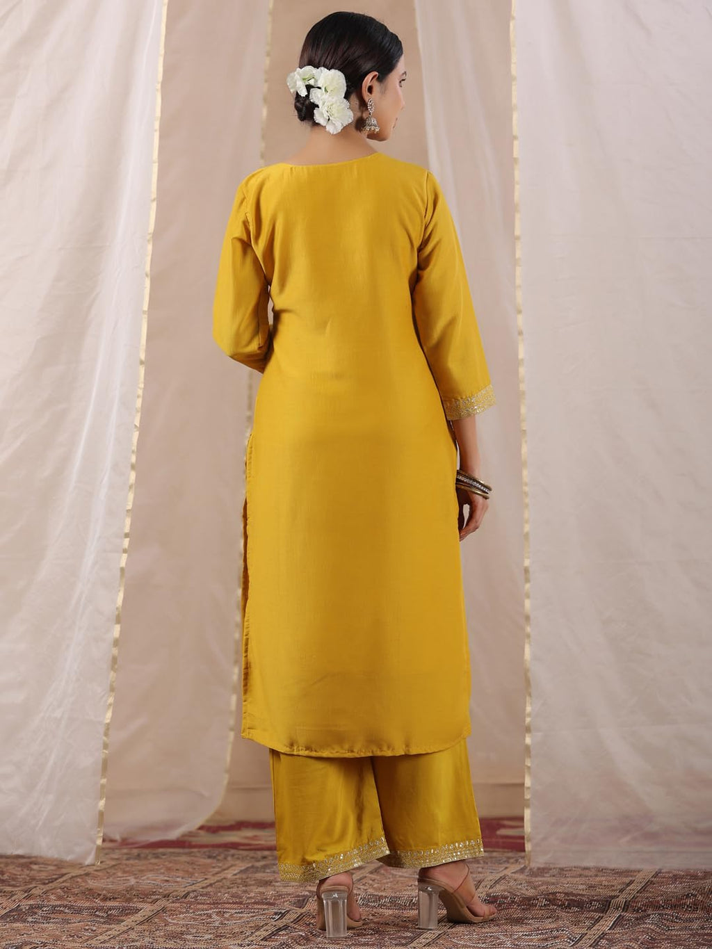 Ishin WomenS Mustard Zari Work Ethnic Motifs Poly Silk Straight Kurta