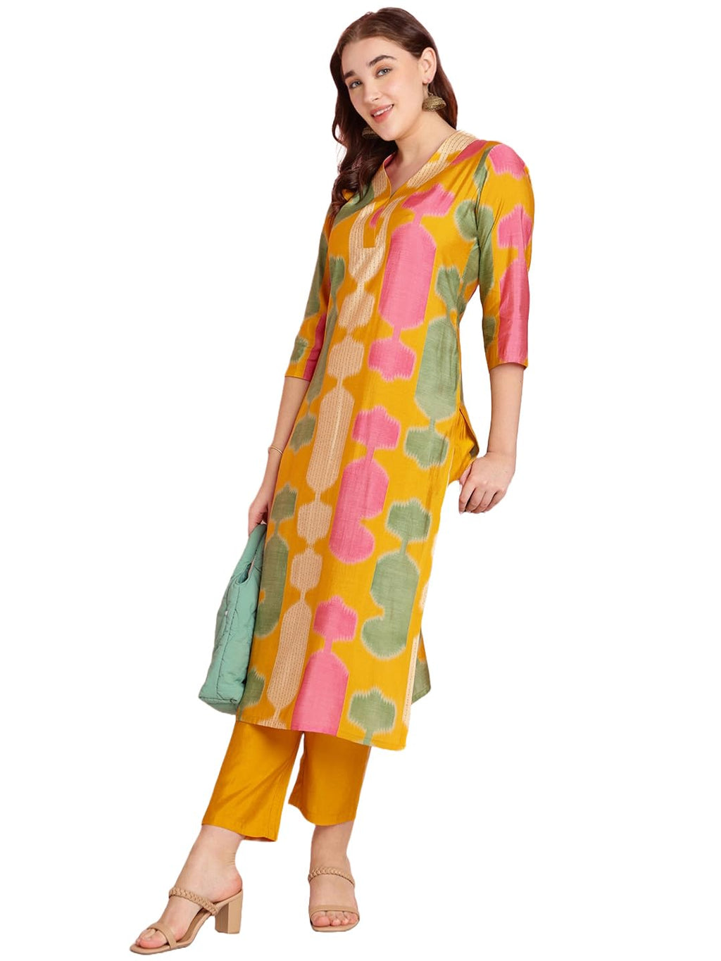 ANNI DESIGNER Womens Rayon Blend Straight Printed Kurta with Pant (SURDAS Yellow_S_Yellow_Small)