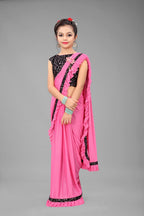 Dhyey Fashion Girls Lycra Blend Ruffle Pattern Saree With Velvet Unstitched Blouse Piece
