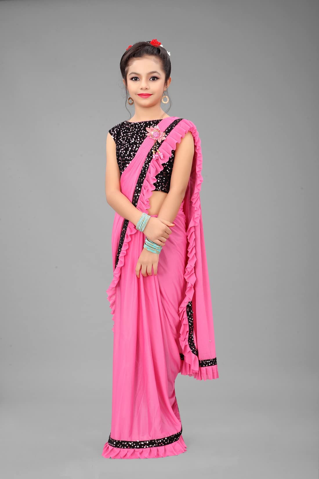 Dhyey Fashion Girls Lycra Blend Ruffle Pattern Saree With Velvet Unstitched Blouse Piece