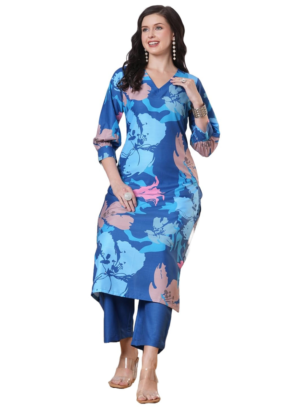 ANNI DESIGNER Women s Straight Printed Viscose Kurta with Trousers, dark blue, L