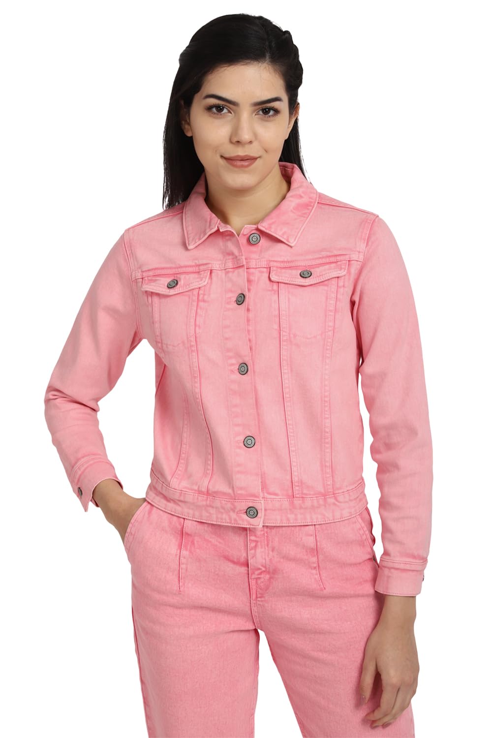 Women Pink Solid Casual Jacket
