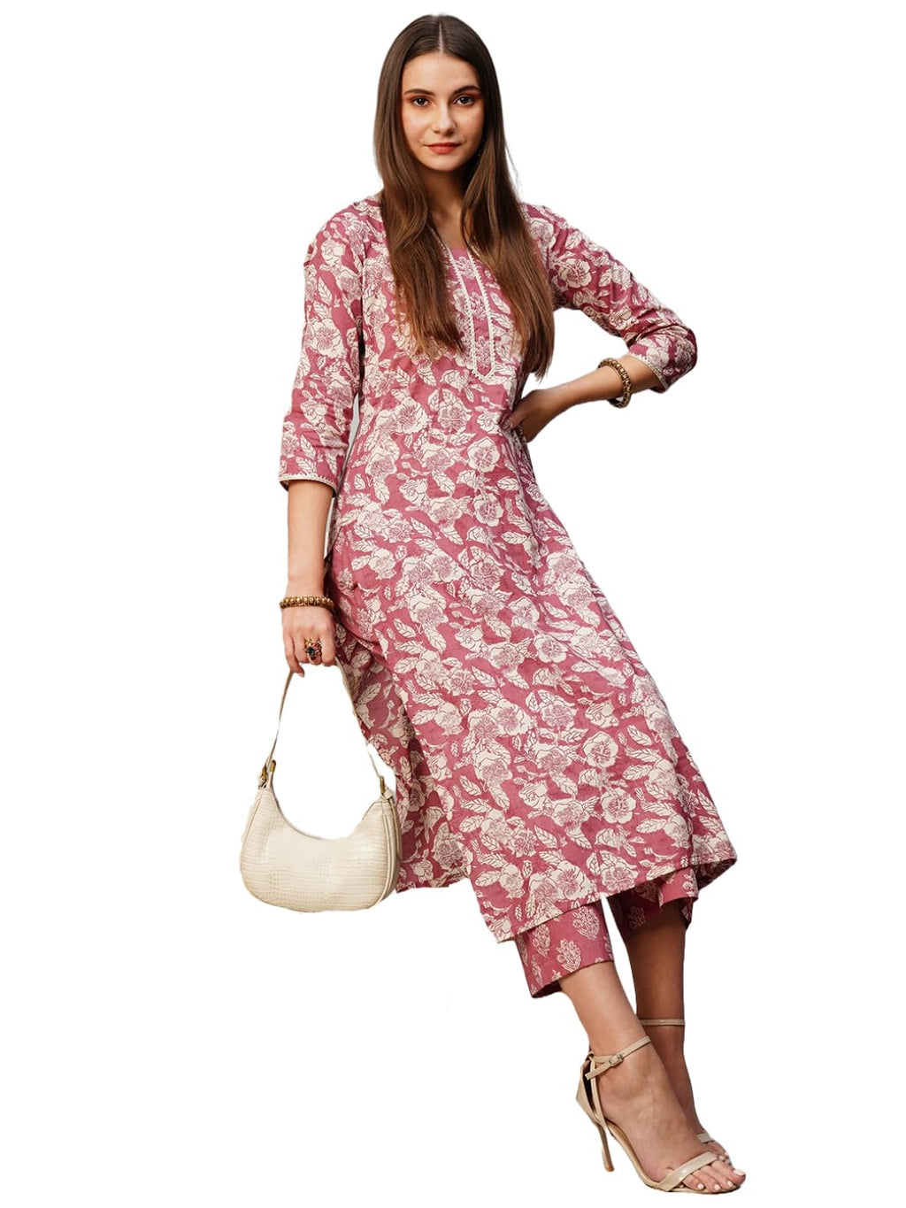 ANNI DESIGNER Womens Cotton Blend Straight Printed Kurta with Pant (Soking Pink_S_Pink_Small)