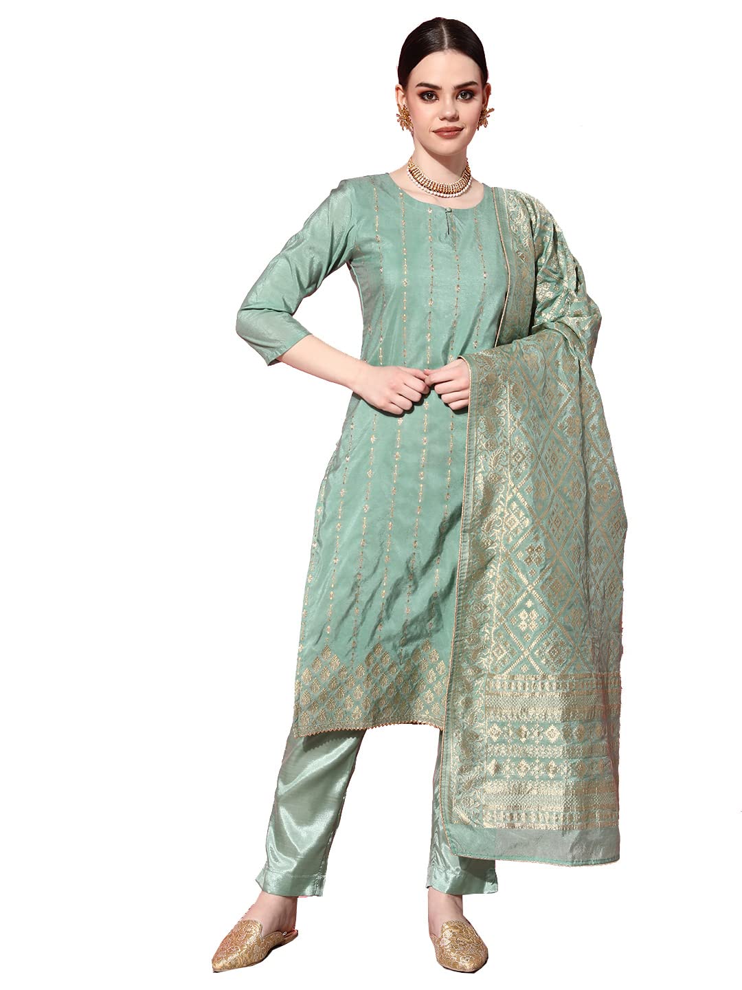 Ishin Women'S Brocade Green Woven Design A-Line Kurta Trouser Dupatta Set