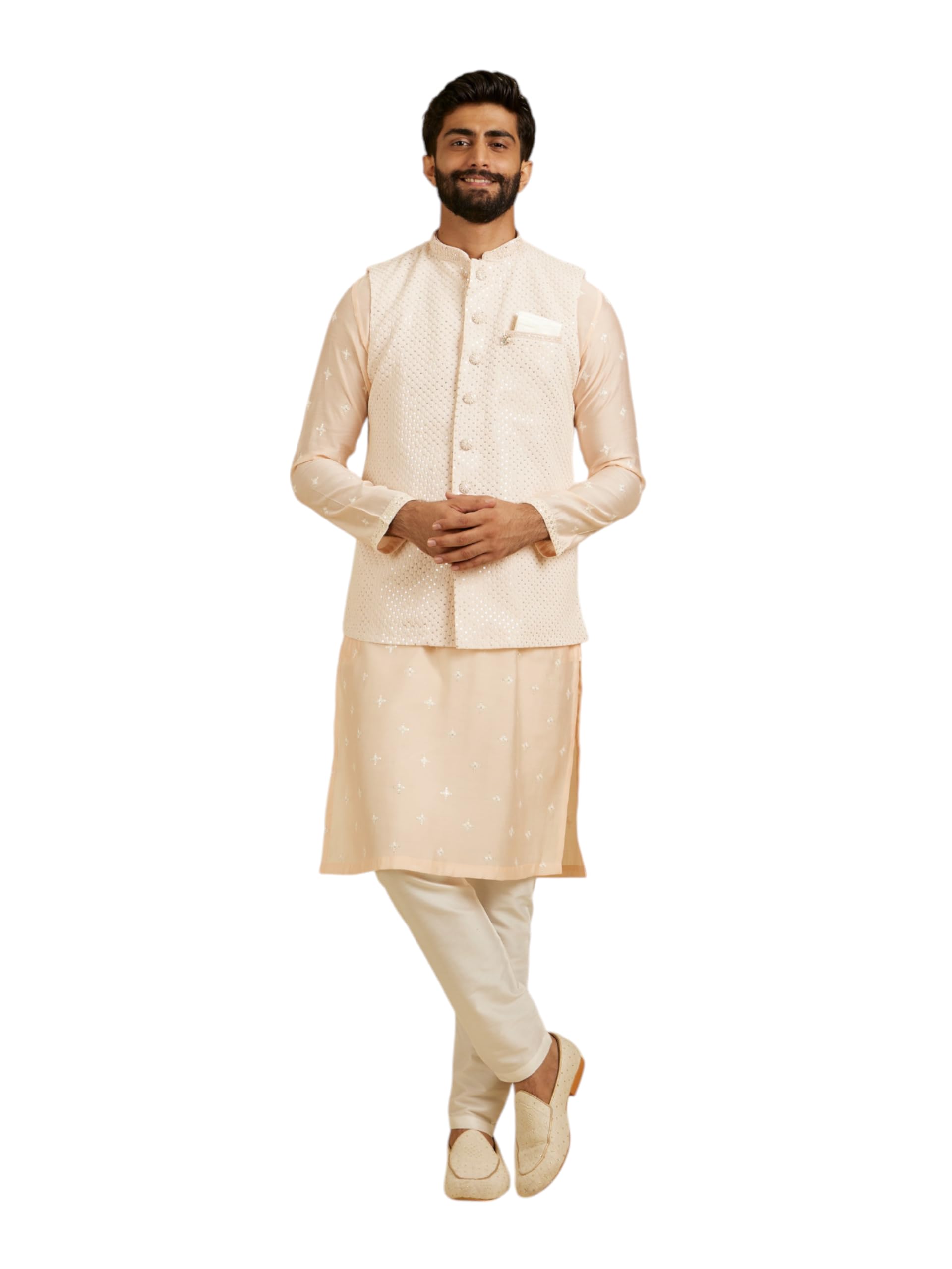 Manyavar MenS Georgette Sequins Embellished Regular Kurta Jacket Set (Peach,2Xl)