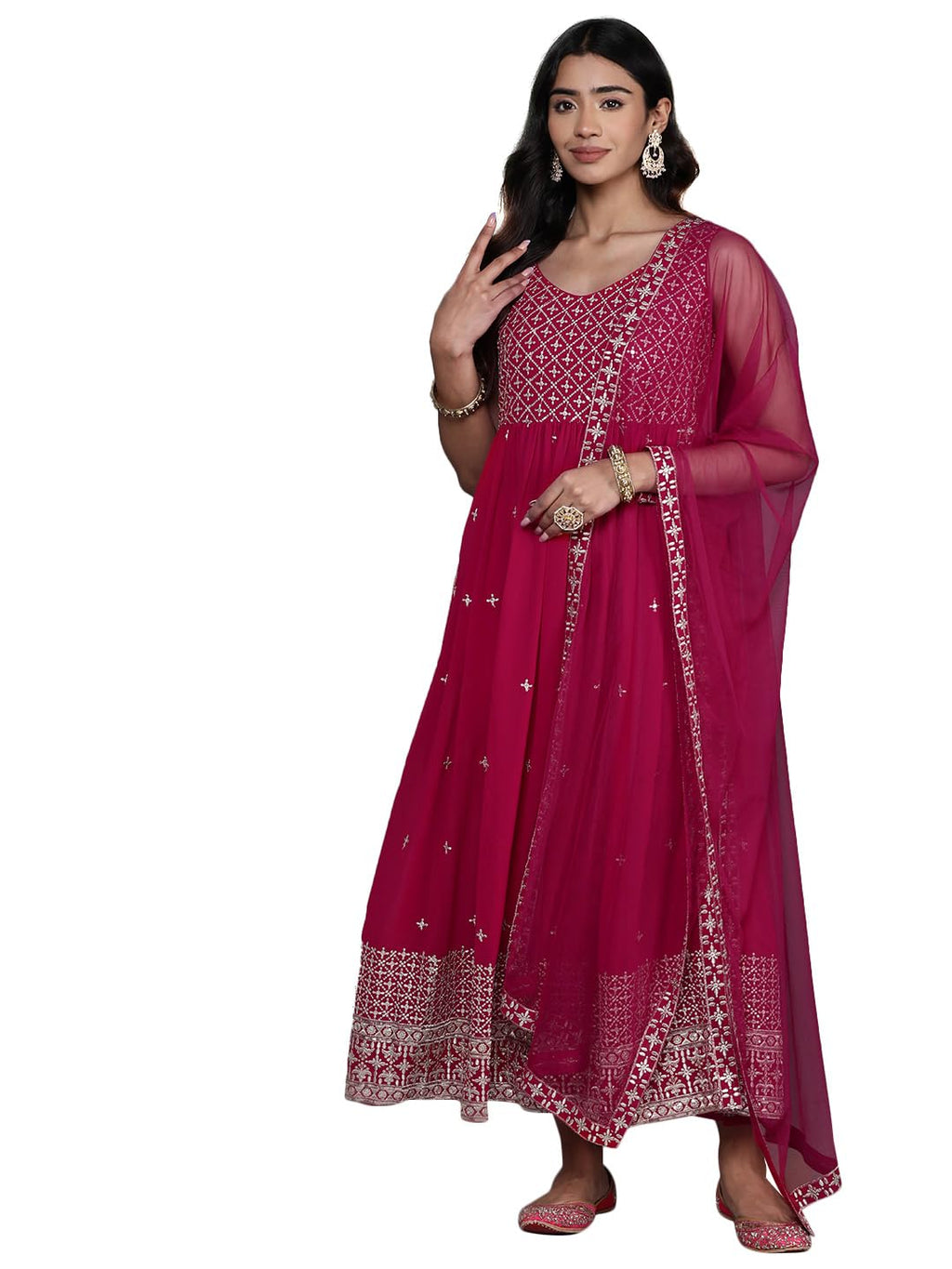 Libas Womens Embroidered Georgette A-Line Kurta With Trousers And Dupatta