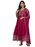 Libas Womens Embroidered Georgette A-Line Kurta With Trousers And Dupatta