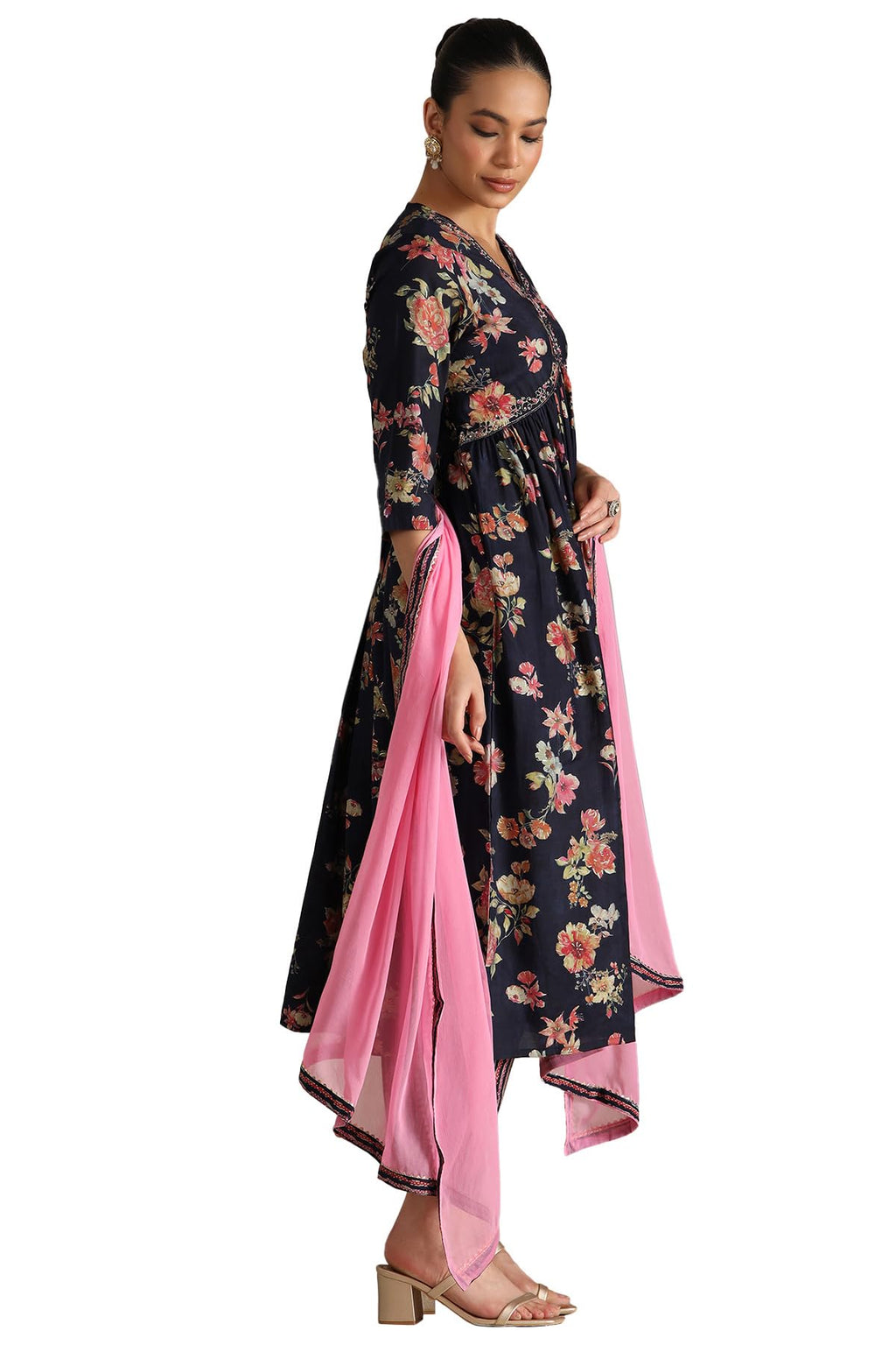 Soch Womens Navy Blue Viscose Blend Floral Print Suit Set With Beads