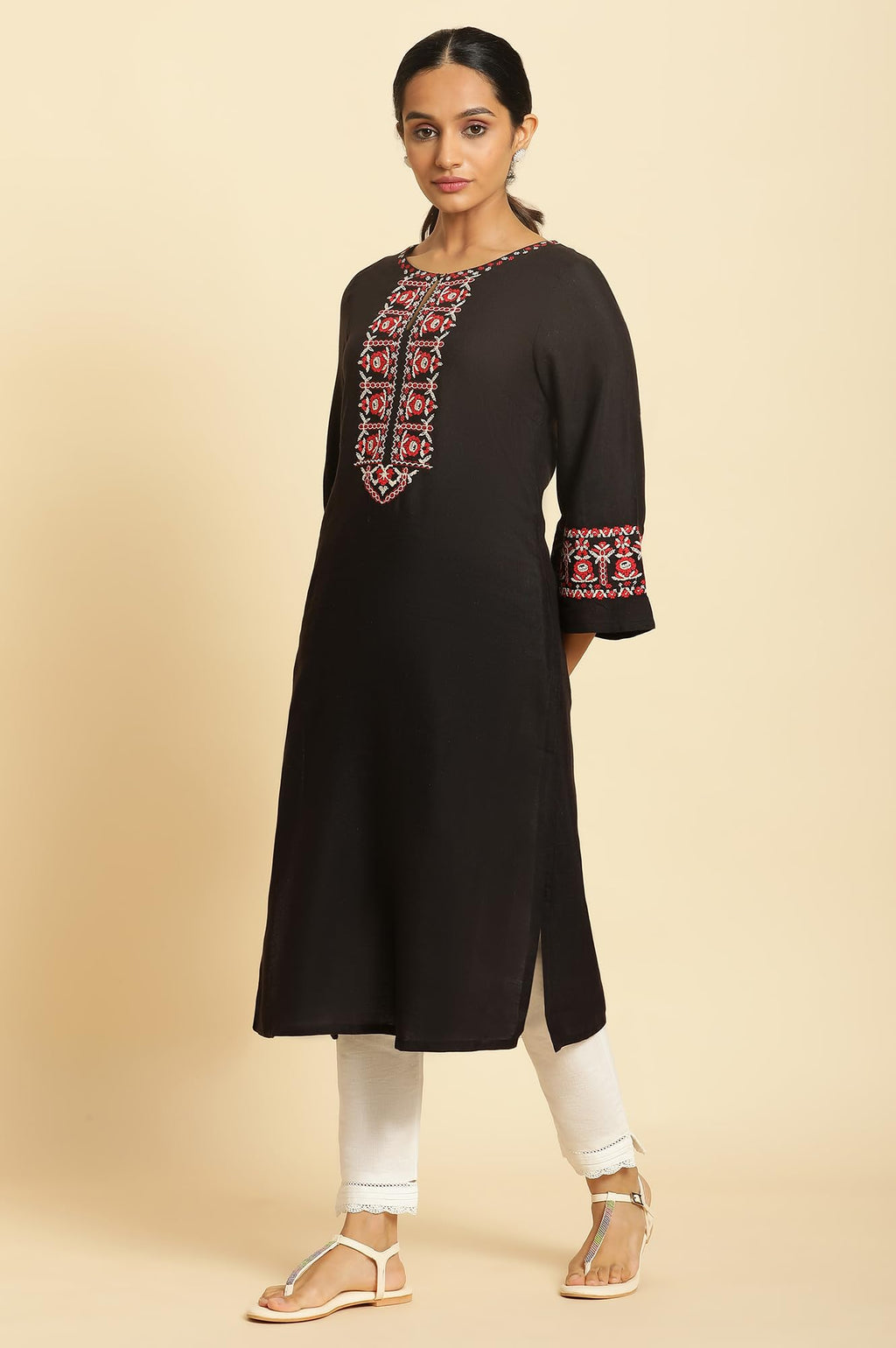 W For Woman Black Embroidered Rayon Blend Straight Long Kurta