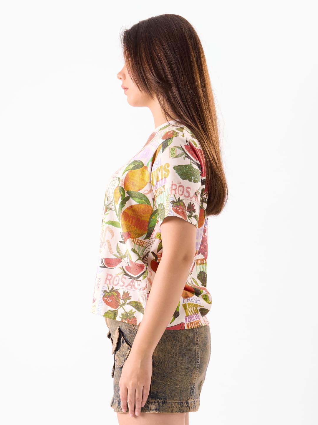 The Souled Store So Fruity Women and Girls Short Sleeves Round Neck All Over Printed Cotton Relaxed Fit T-Shirts Multicolour