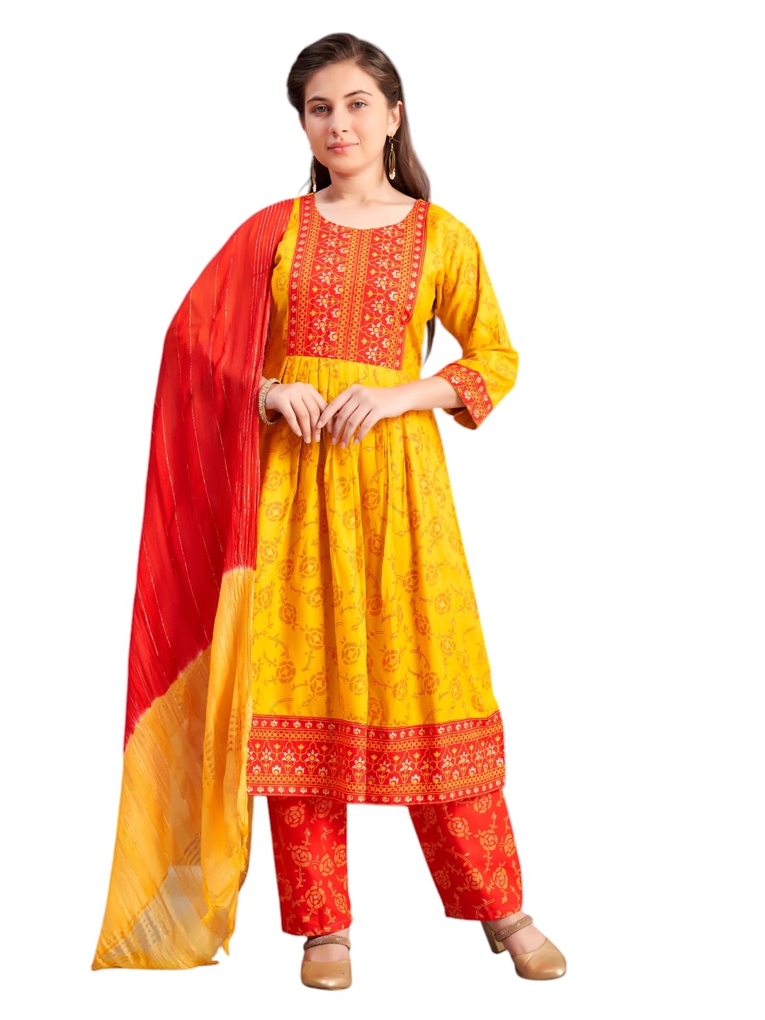 Aarika Girls Ethnic Wear Yellow-Red Colour Foil Print Rayon Kurti-8-15 Years (KURTI-AP-804)