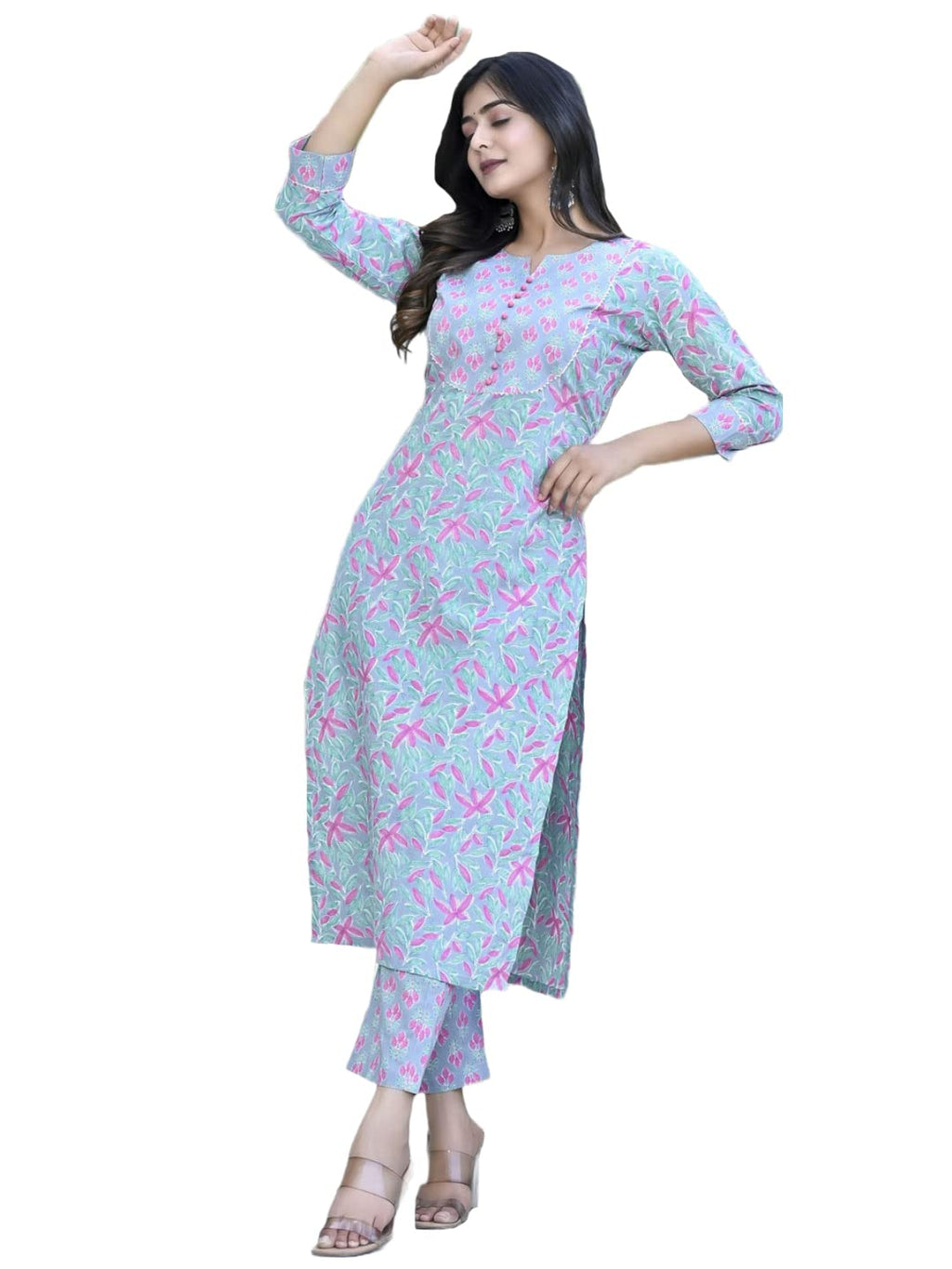 Gosriki Women'S Cotton Blend Printed Straight Kurta With Pant (Tidhara Green-Cmd-Gs_Xxl_Green_Xx-Large)