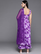 Varanga Women Purple Floral Printed Anarkali Kurta Paired With Tonal Printed Bottom And Dupatta