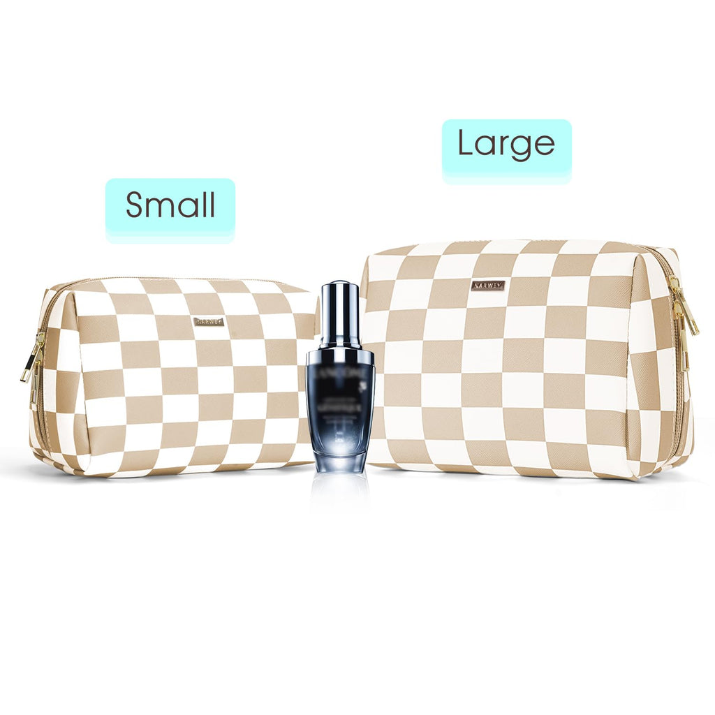 Large Vegan Leather Makeup Bag Zipper Pouch Travel Cosmetic Organizer for Women (Large, Light Checkerboard)